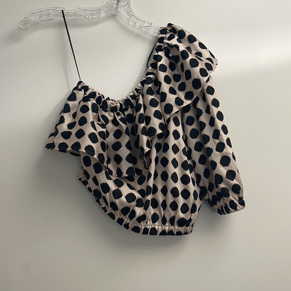Mango Black and White Polka Dot One-Shoulder Crop Top - Picture 10 of 10
